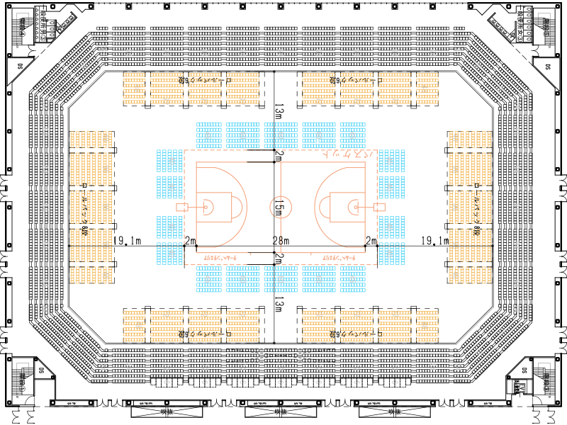 バスケットボール(センターコート)公式コートの平面図