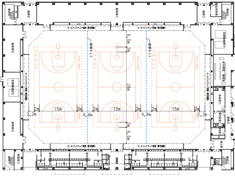 バスケットボール公式3面コートの平面図