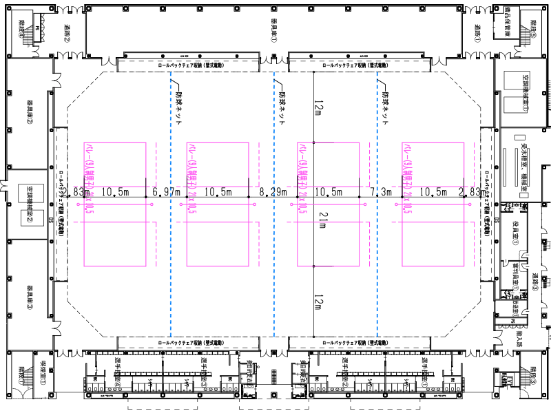バレーボール成年男子9人制(一般4面)コートの平面図