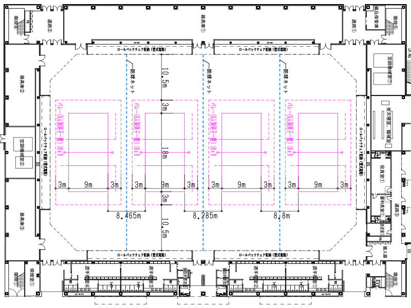 バレーボール6人制(一般4面)コートの平面図