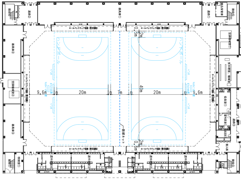 ハンドボール(公式2面)コートの平面図
