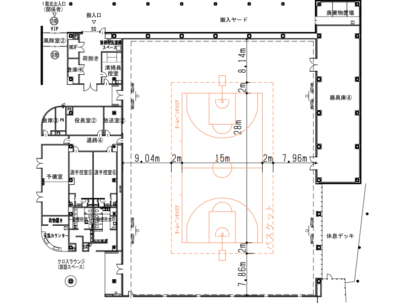 バスケットボール(センターコート)公式コートの平面図