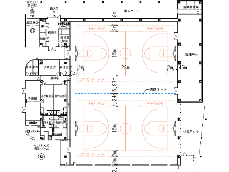 バスケットボール(公式2面)コートの平面図