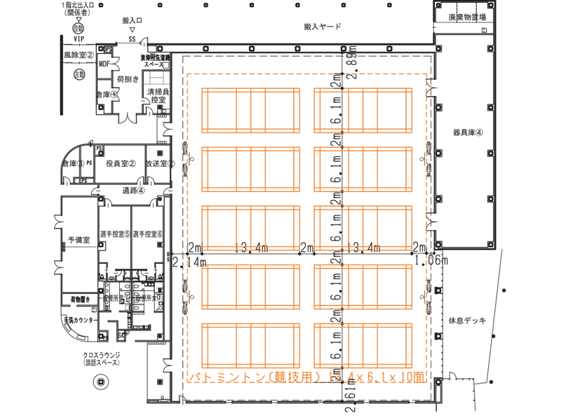 バドミントン(公式10面)コートの平面図